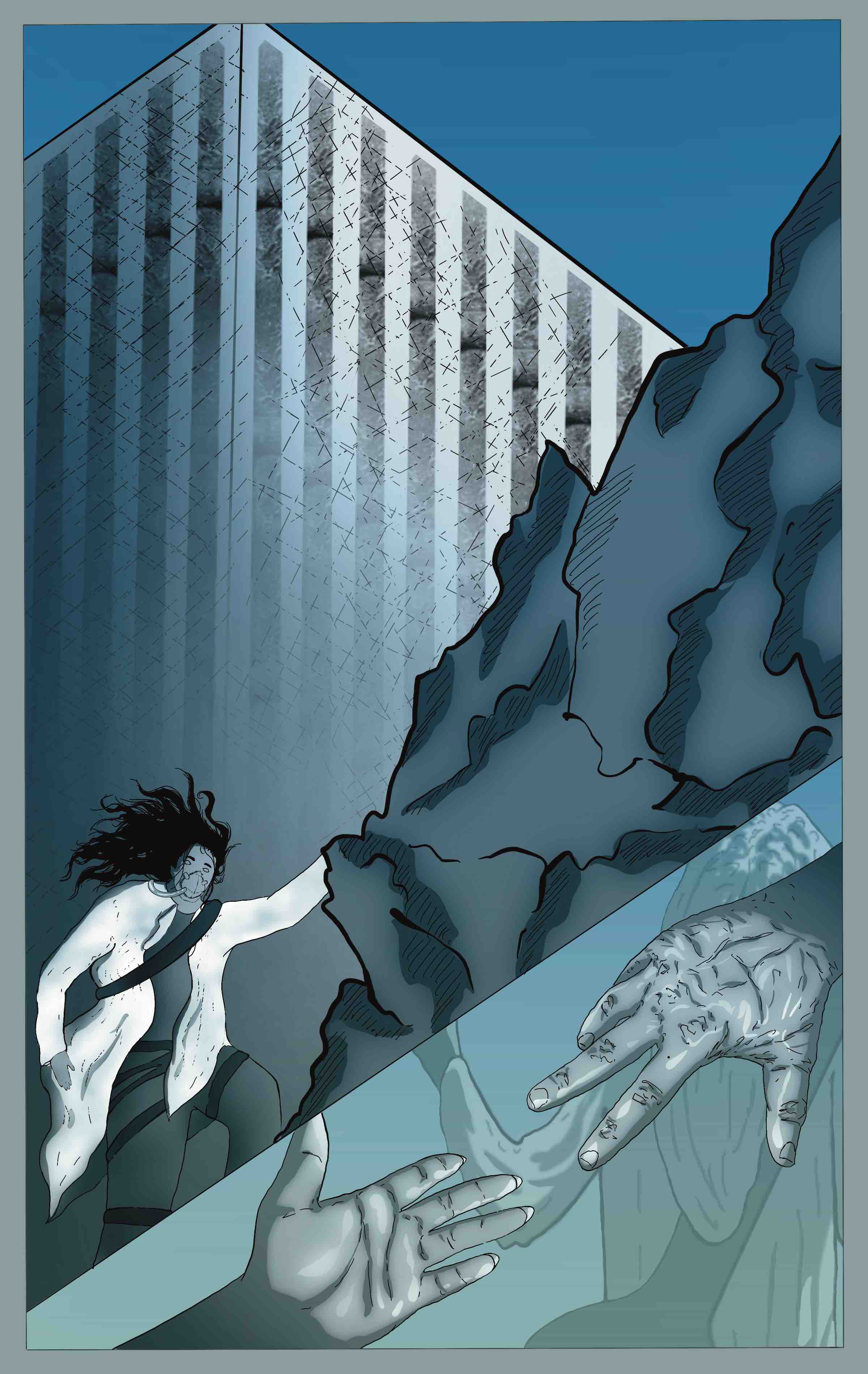 Fig. 12. Samm makes her way out of the Cube. She is introduced to an elderly man on the street