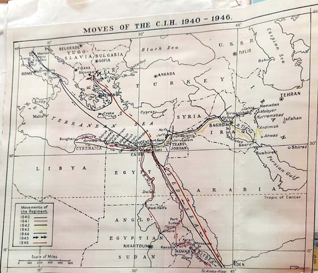 Figure 1. Central India Horse Map of Regimental Movements, R.G Hyder’s WWII journal